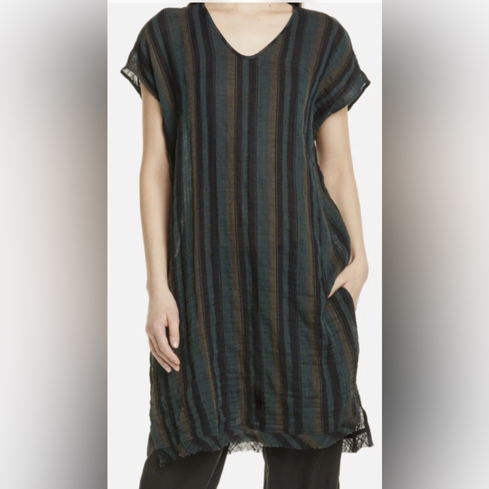 Eileen Fisher Striped Short Sleeve Cotton Gauze Caftan In Nori Size xxs/xs
